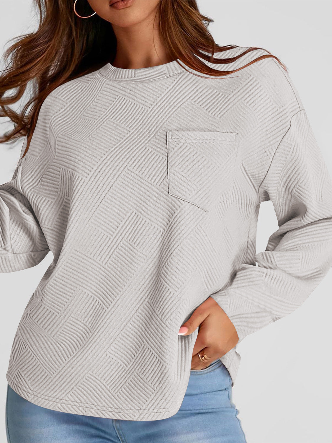 Full Size Texture Round Neck Long Sleeve Sweatshirt Light Gray Long Sleeve Tops JT's Designer Fashion