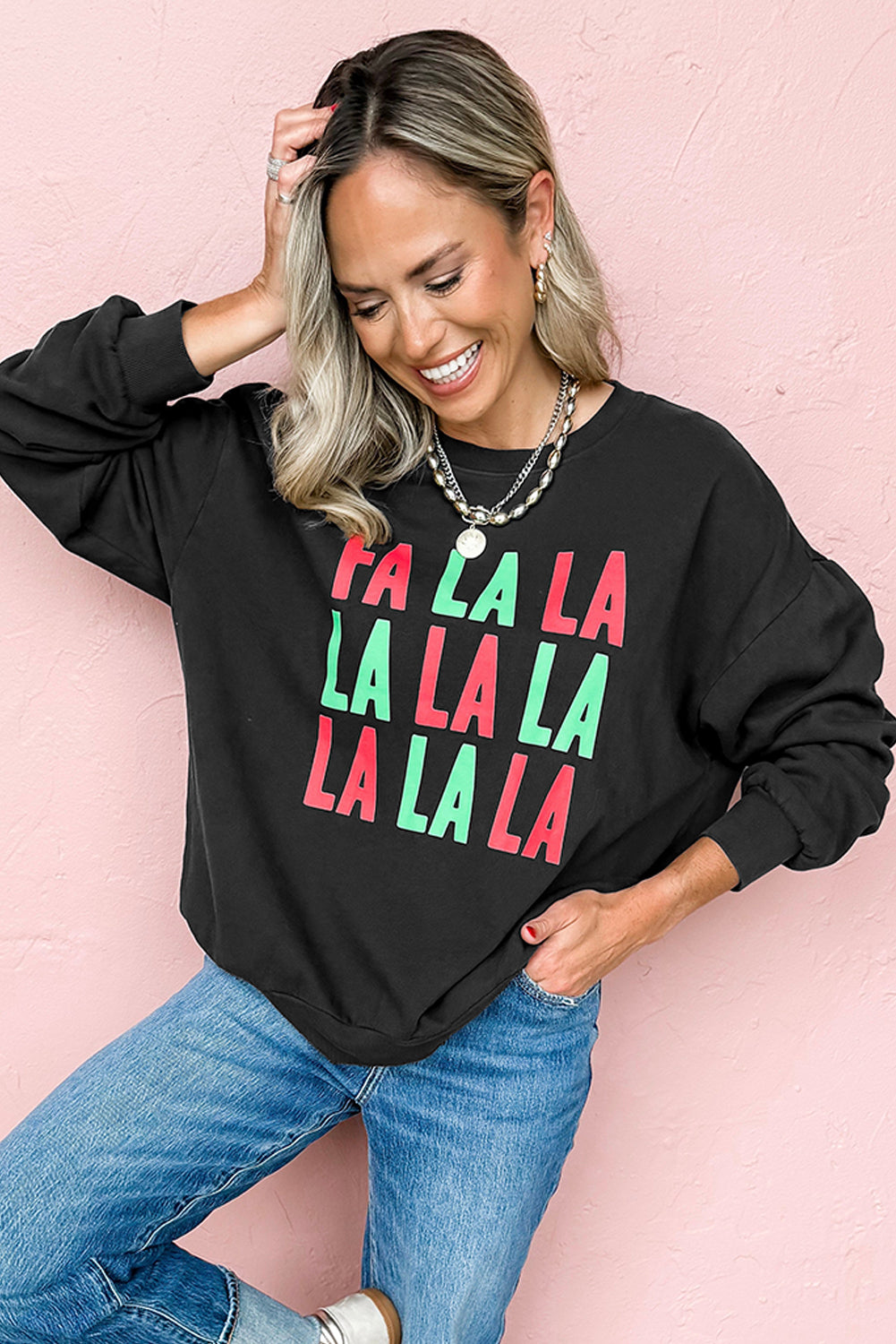 Black FA LA LA Christmas Letter Graphic Sweatshirt Graphic Sweatshirts JT's Designer Fashion