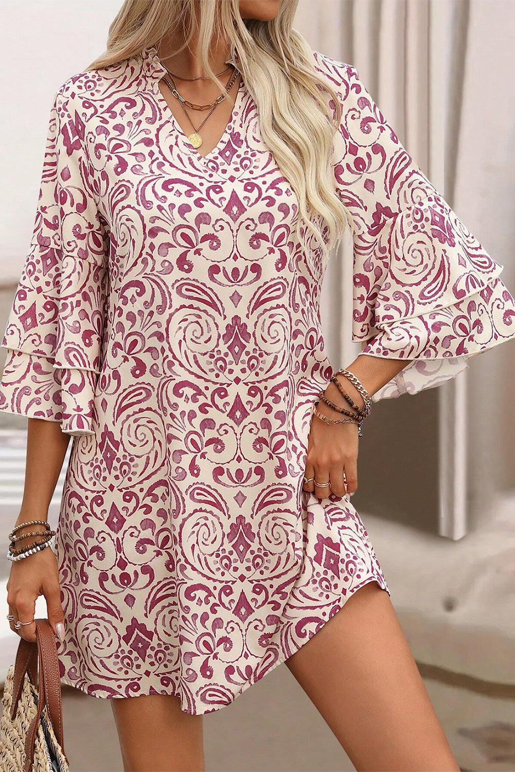 Pink Paisley Print Tiered 3/4 Sleeve Notched Neck Mini Dress Mini Dresses JT's Designer Fashion