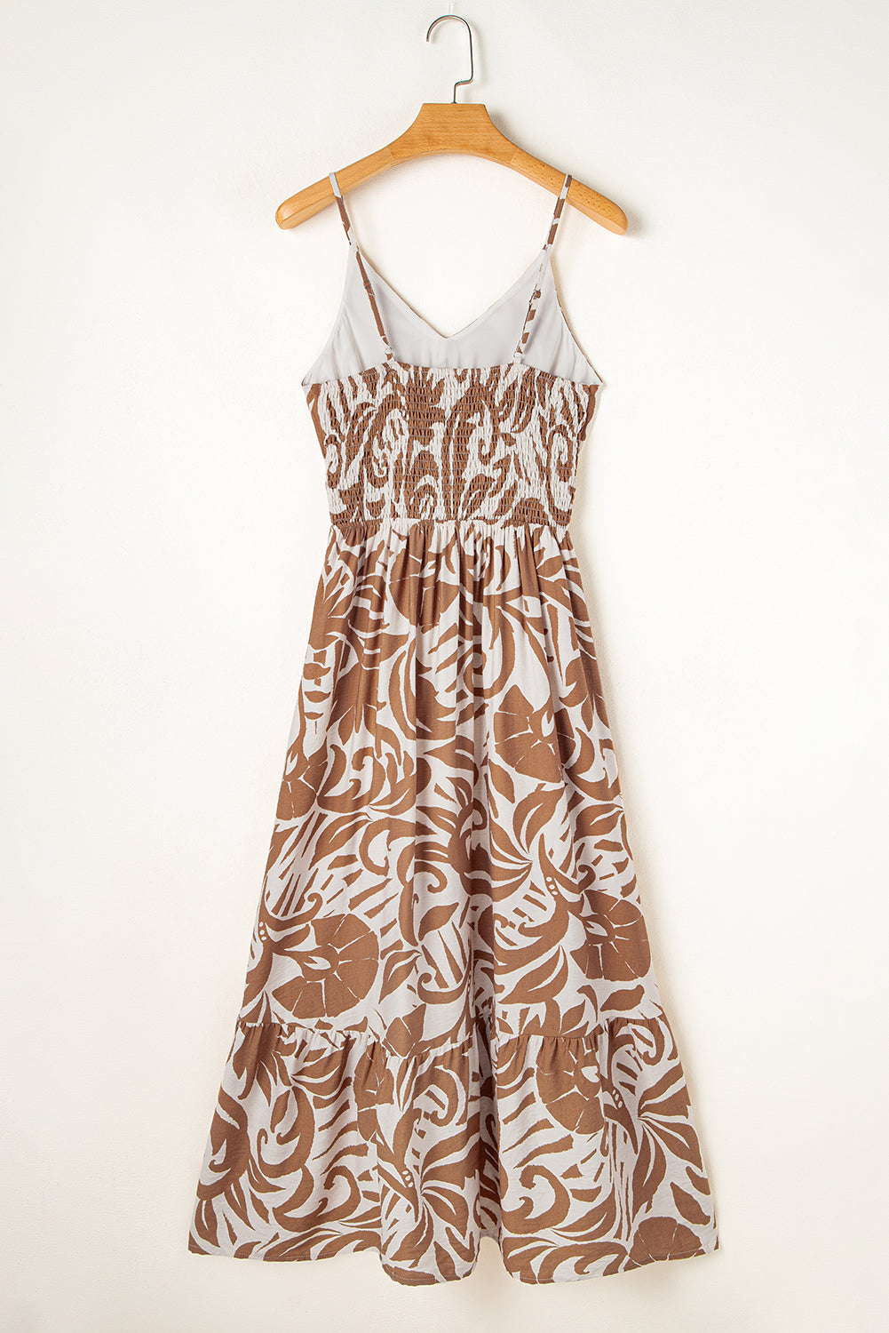 Khaki Floral Shirred High Waist Spaghetti Straps Maxi Dress Floral Dresses JT's Designer Fashion