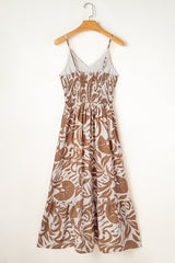 Khaki Floral Shirred High Waist Spaghetti Straps Maxi Dress Floral Dresses JT's Designer Fashion