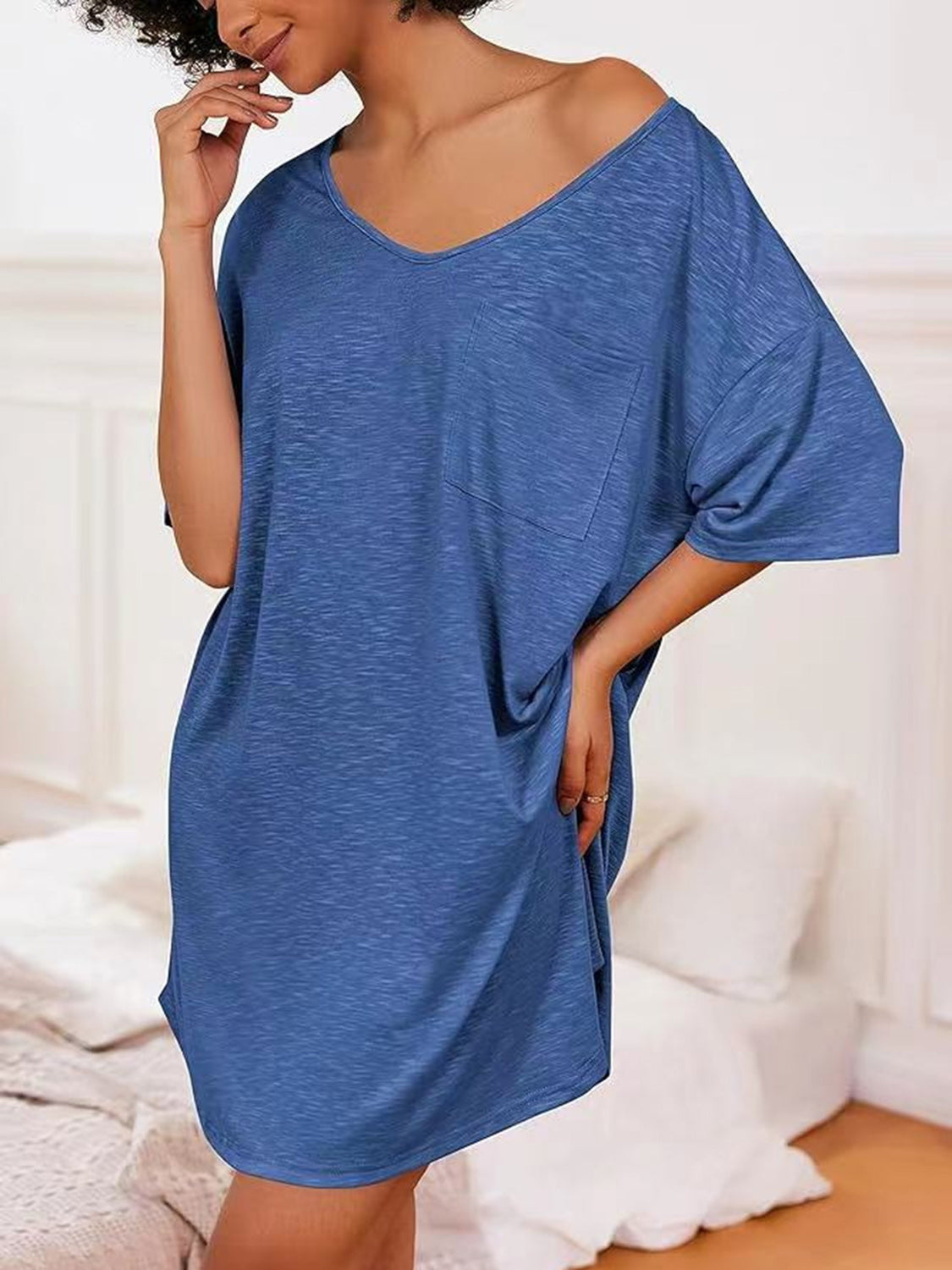 Pocketed V-Neck Short Sleeve Tee Dress T Shirt Dresses JT's Designer Fashion