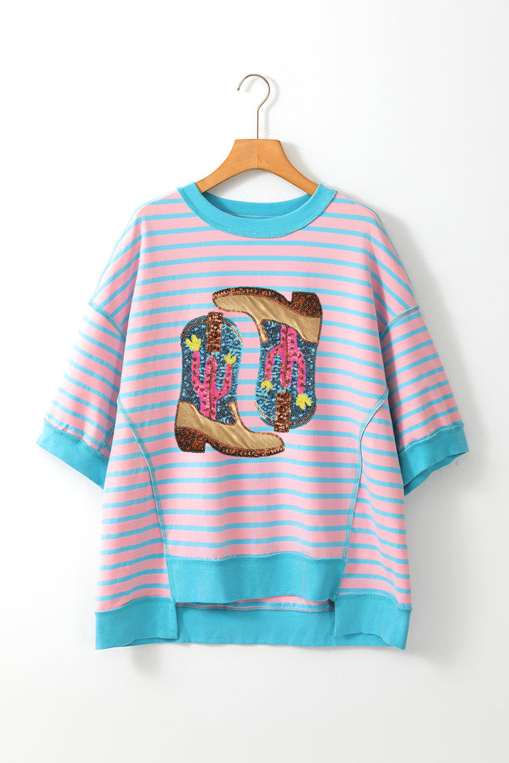 Pink Stripe Sequin Western Cactus Boots Graphic Half Sleeve T Shirt Graphic Tees JT's Designer Fashion