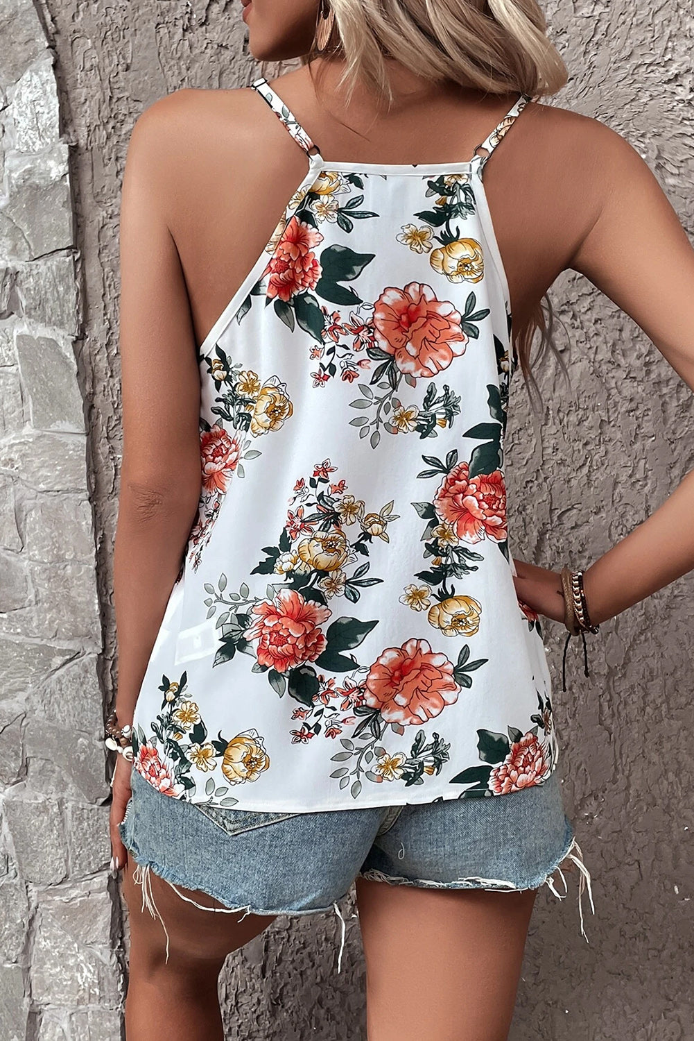 White Floral Print Spaghetti Strap Lace V Neck Tank Top Tops & Tees JT's Designer Fashion