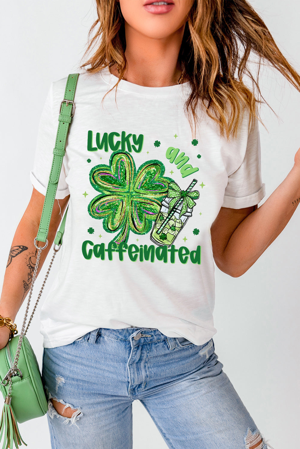 White Lucky and Caffeinated Clover Graphic St Patrick Tee Graphic Tees JT's Designer Fashion