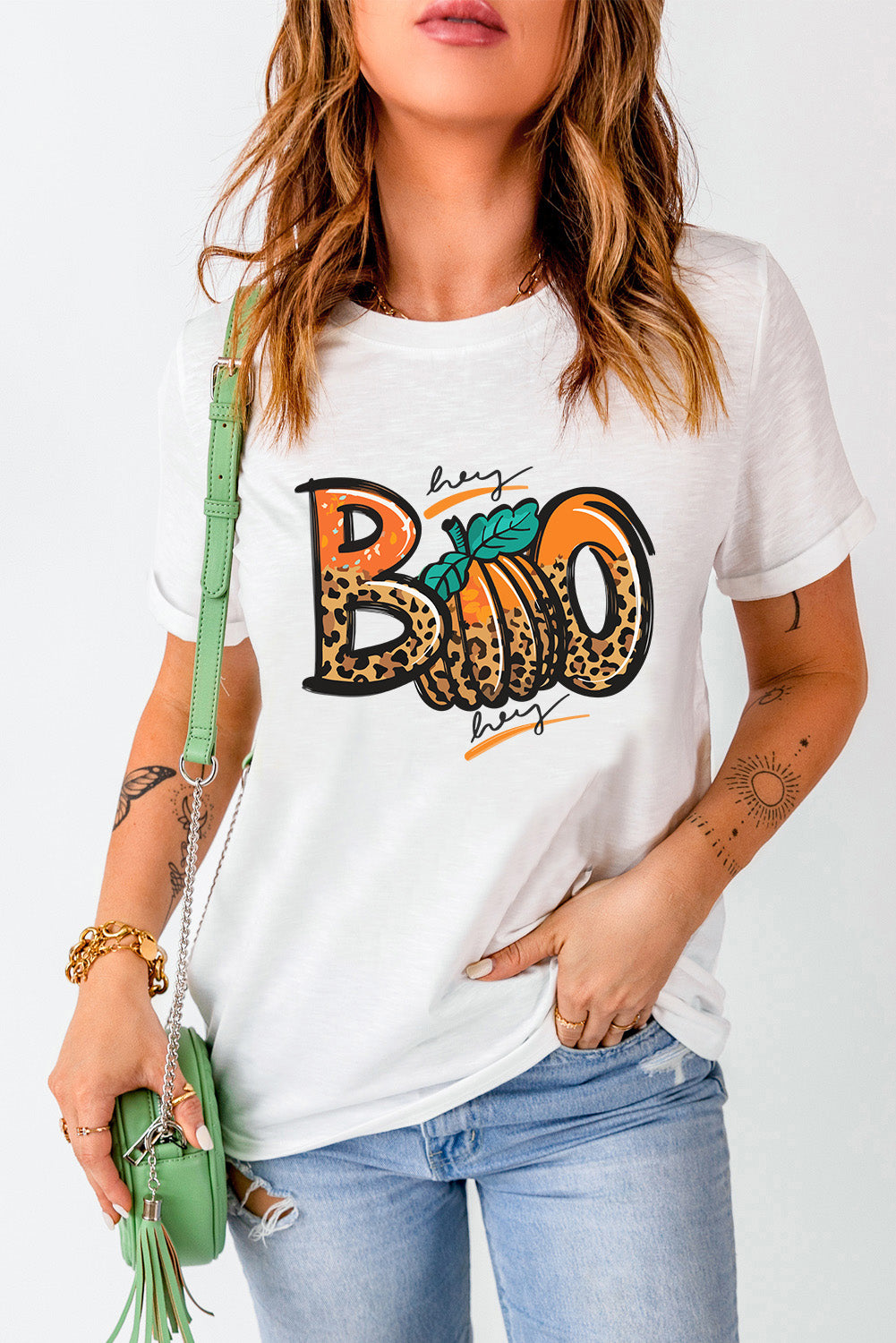 White BOO Pumpkin Leopard Print Crew Neck T Shirt Graphic Tees JT's Designer Fashion