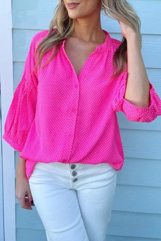 Bright Pink Swiss Dot Print Dropped Puff Sleeve Shirt Tops & Tees JT's Designer Fashion