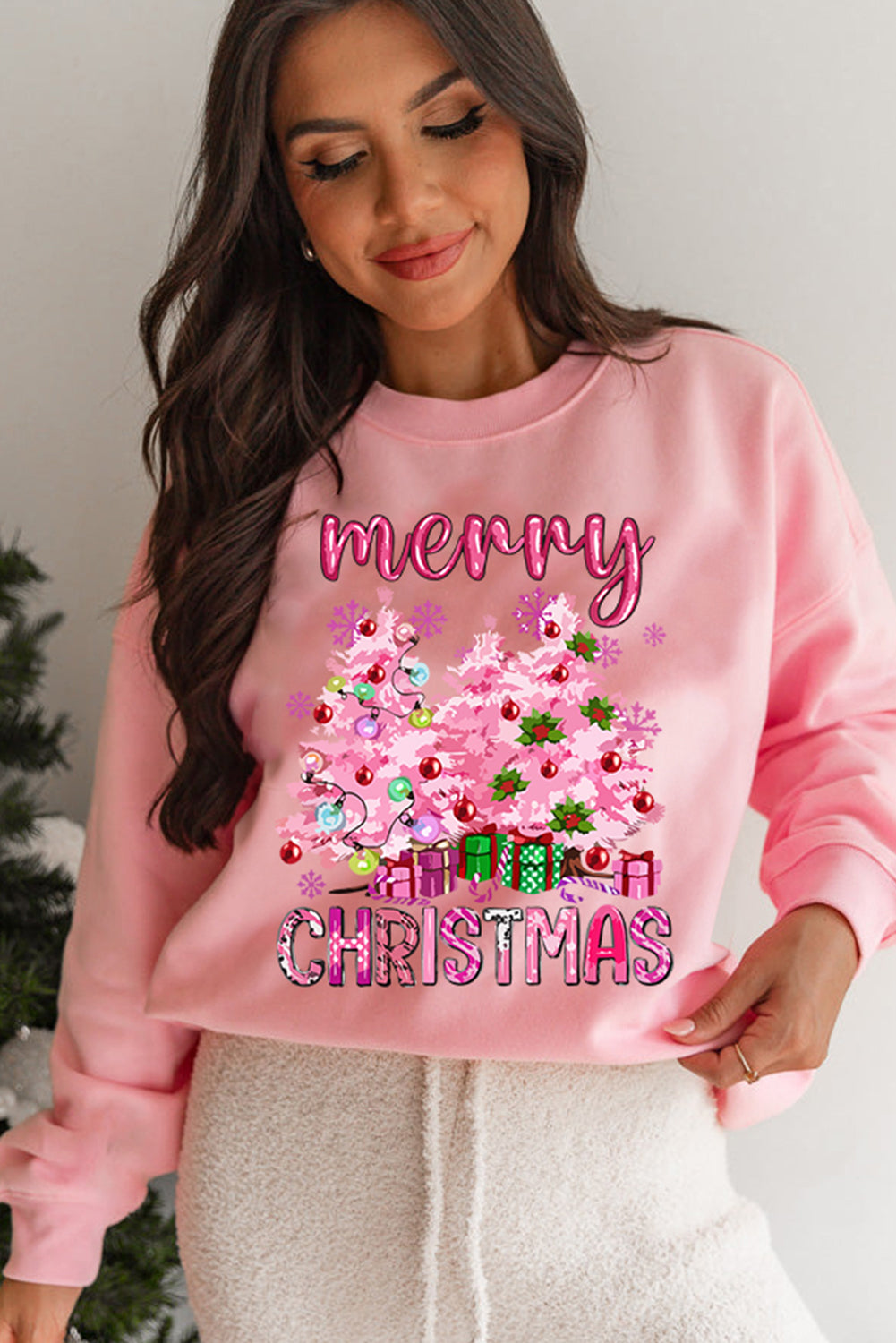 Pink Merry Christmas Graphic Crew Neck Pullover Sweatshirt Graphic Sweatshirts JT's Designer Fashion