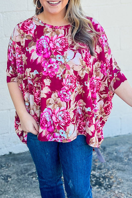 Red Floral / Leopard Print Short Sleeve Plus Size Blouse Plus Size JT's Designer Fashion