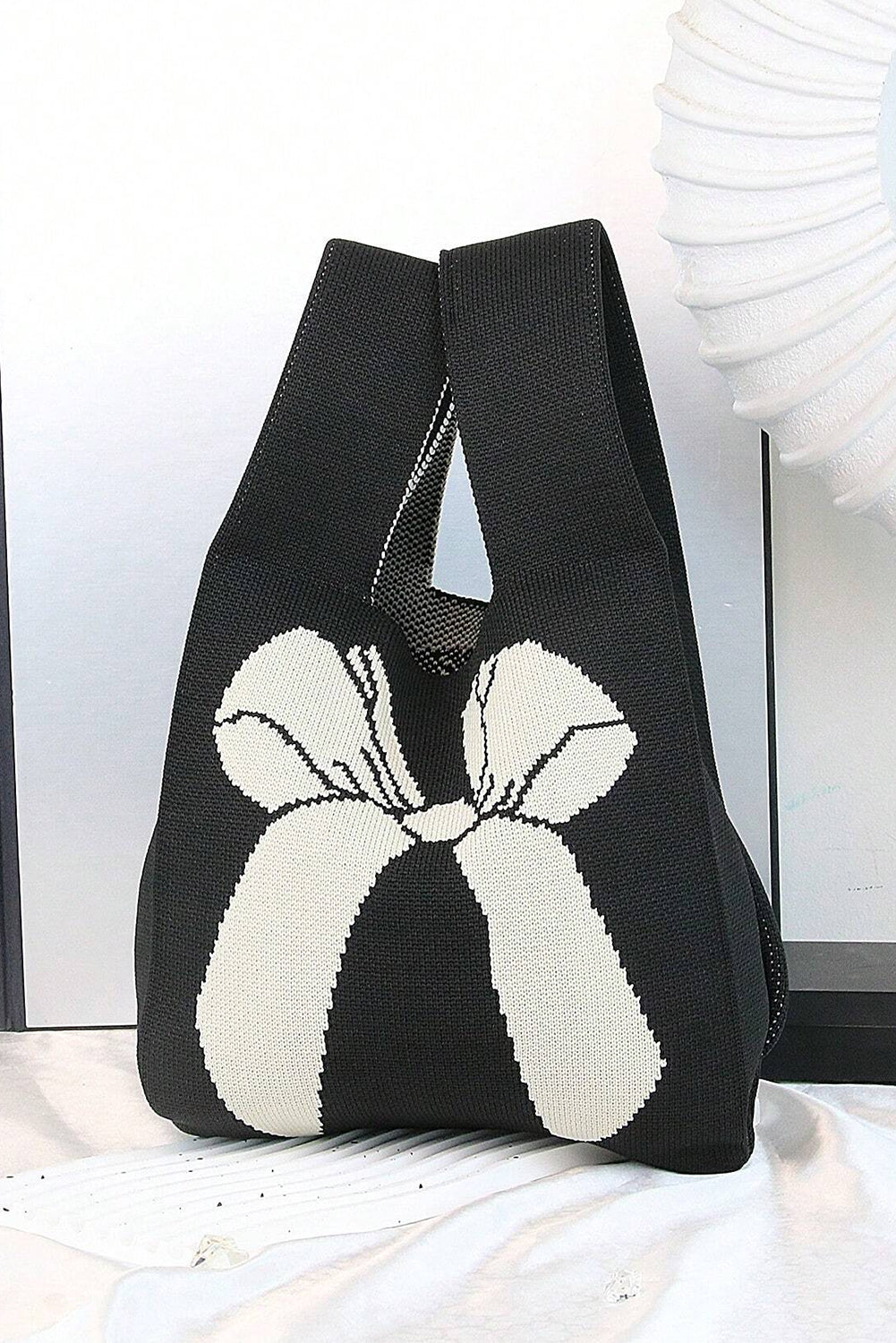 Black Colorblock Bowknot Pattern Knitted Hand Bag Handbags JT's Designer Fashion