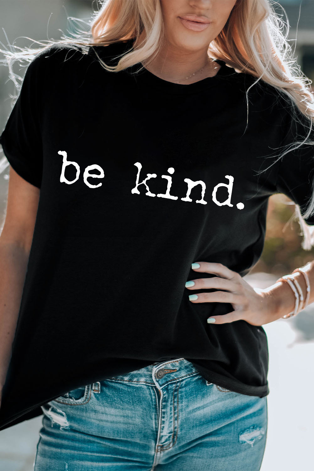 Black be kind Letter Print Round Neck Casual T Shirt Graphic Tees JT's Designer Fashion