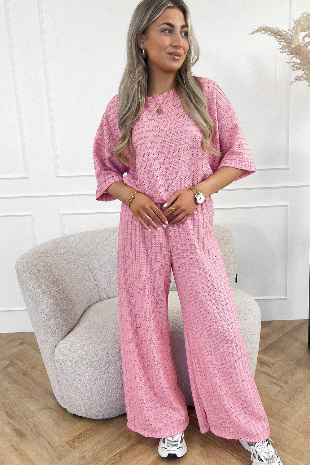 Pink Textured Half Sleeve Tee and Wide Leg Pants Set Bottoms JT's Designer Fashion