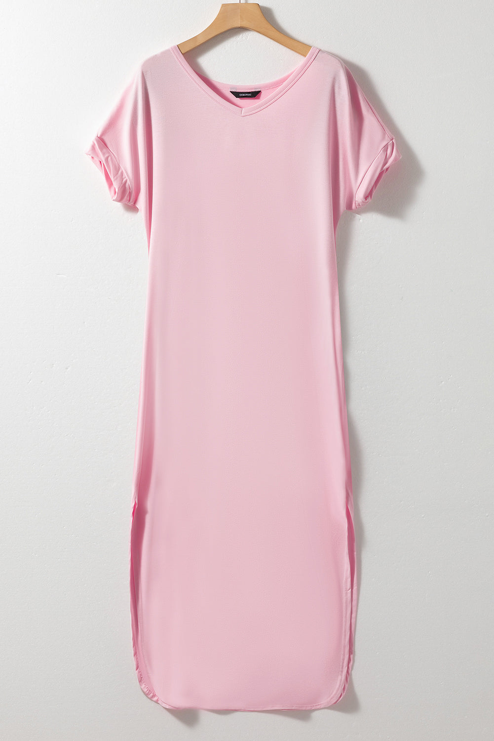 Pink V Neck Hidden Pocket Splits Maxi T-shirt Dress T Shirt Dresses JT's Designer Fashion