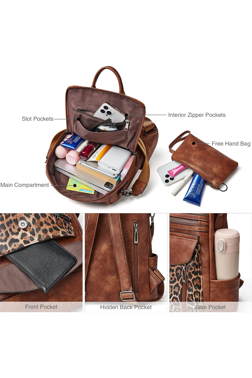 Coffee Leopard Patchwork PU Leather Functional Backpack Backpacks JT's Designer Fashion