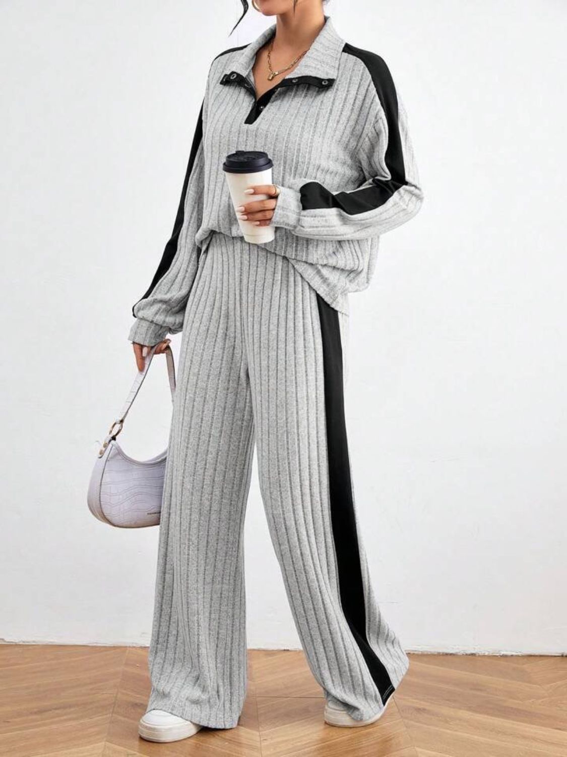 Contrast Collared Neck Long Sleeve Top and Pants Set Pant Sets JT's Designer Fashion