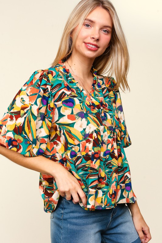 Haptics Full Size Frill Floral Puff Sleeve Peplum Blouse Blouses & Shirts JT's Designer Fashion