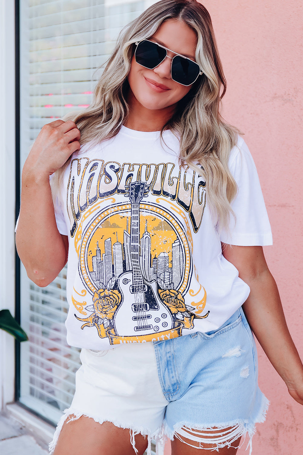 White Music City NASHVILLE Guitar Graphic T Shirt Graphic Tees JT's Designer Fashion