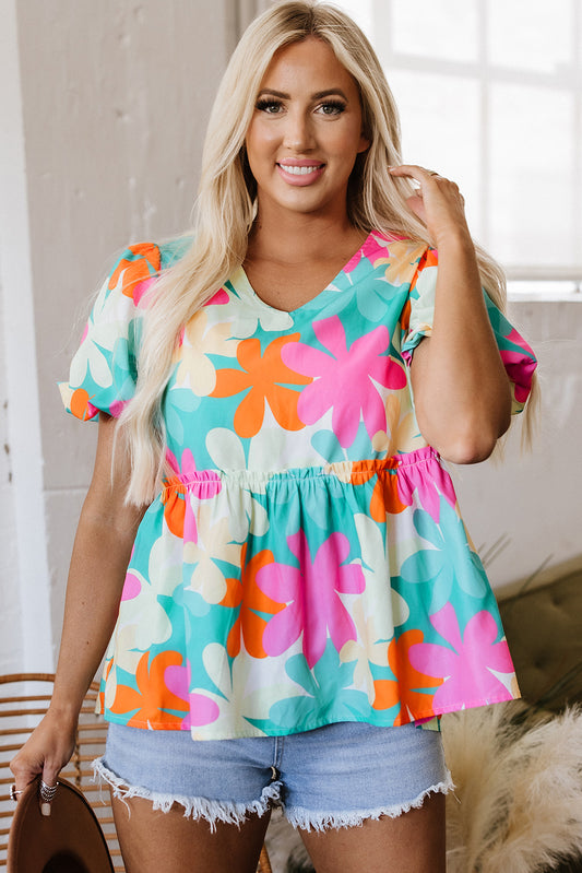 Pink Floral Print Bubble Sleeve V Neck Peplum Blouse Blouses & Shirts JT's Designer Fashion
