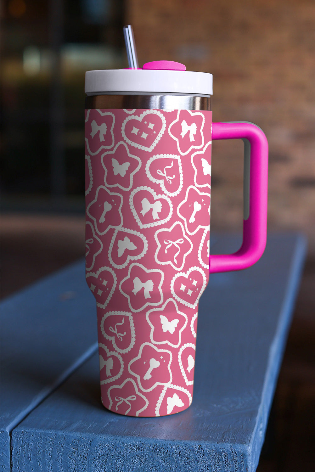 Rose Red Star Heart Shape Printed Thermos Cup with Handle 40oz Tumblers JT's Designer Fashion