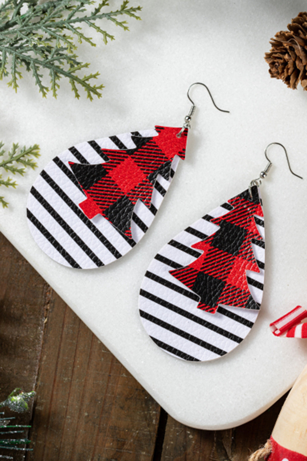 Christmas Plaid Striped Print Drop PU Earrings Jewelry JT's Designer Fashion