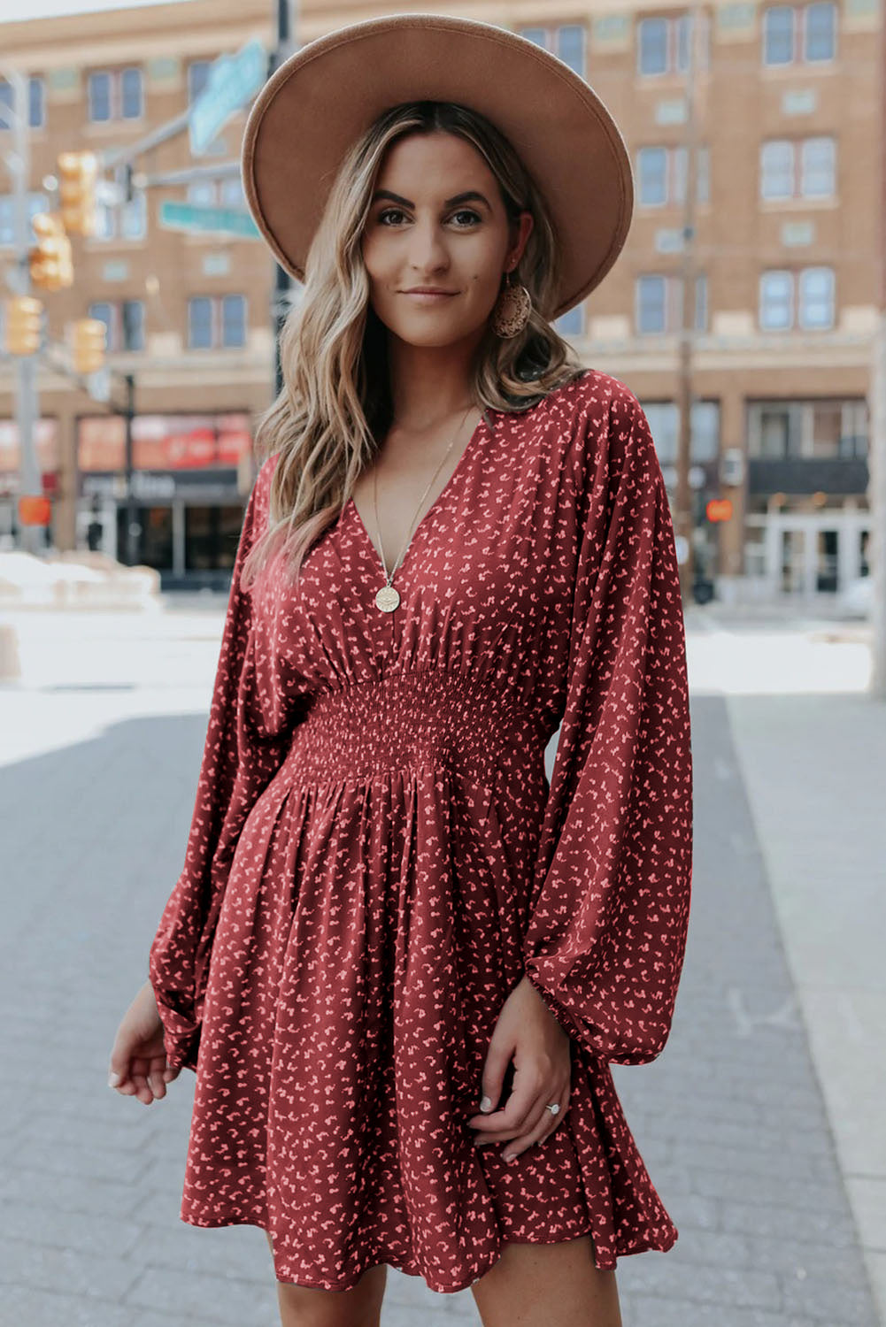 Fiery Red V Neck Balloon Sleeve Smocked Waist Printed Mini Dress Mini Dresses JT's Designer Fashion