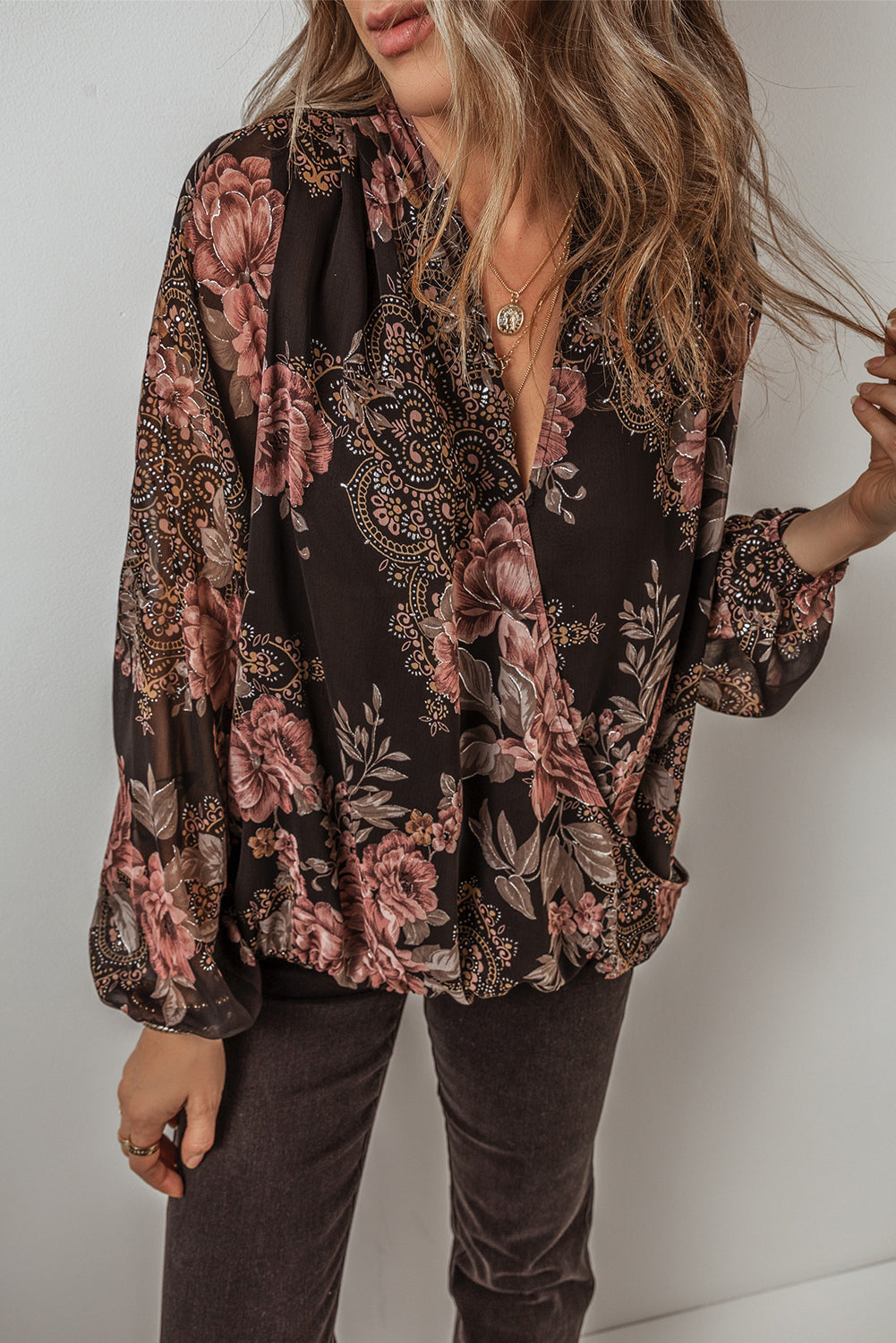 Black Floral Print Criss Cross V Neck Balloon Sleeve Blouse Blouses & Shirts JT's Designer Fashion