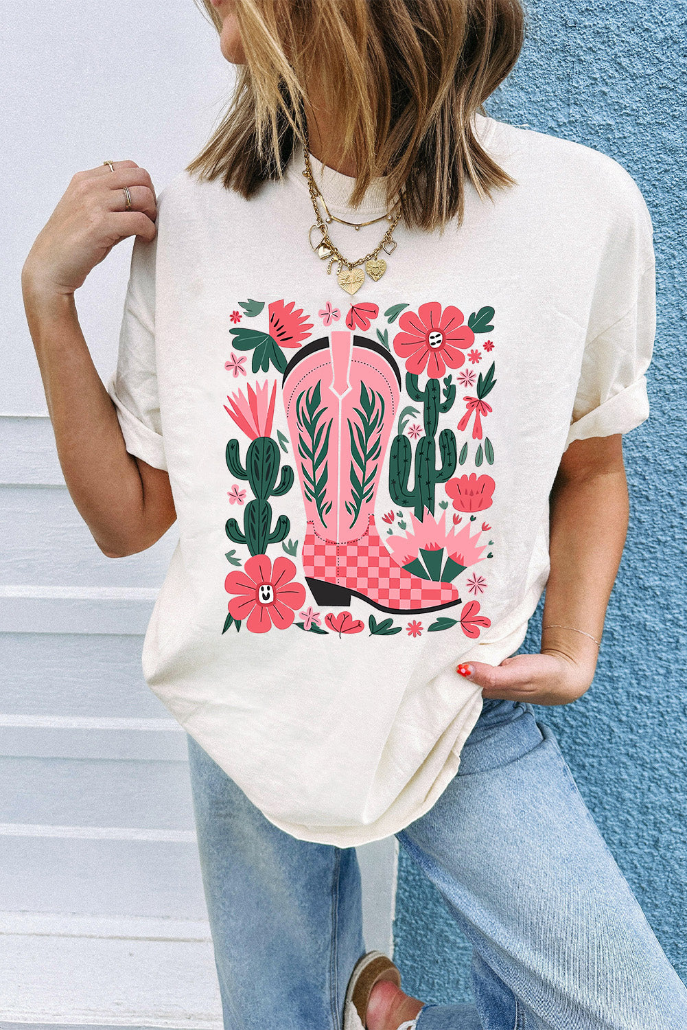 White Western Boots Flower Print Round Neck T Shirt Graphic Tees JT's Designer Fashion