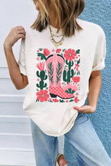 White Western Boots Flower Print Round Neck T Shirt Graphic Tees JT's Designer Fashion