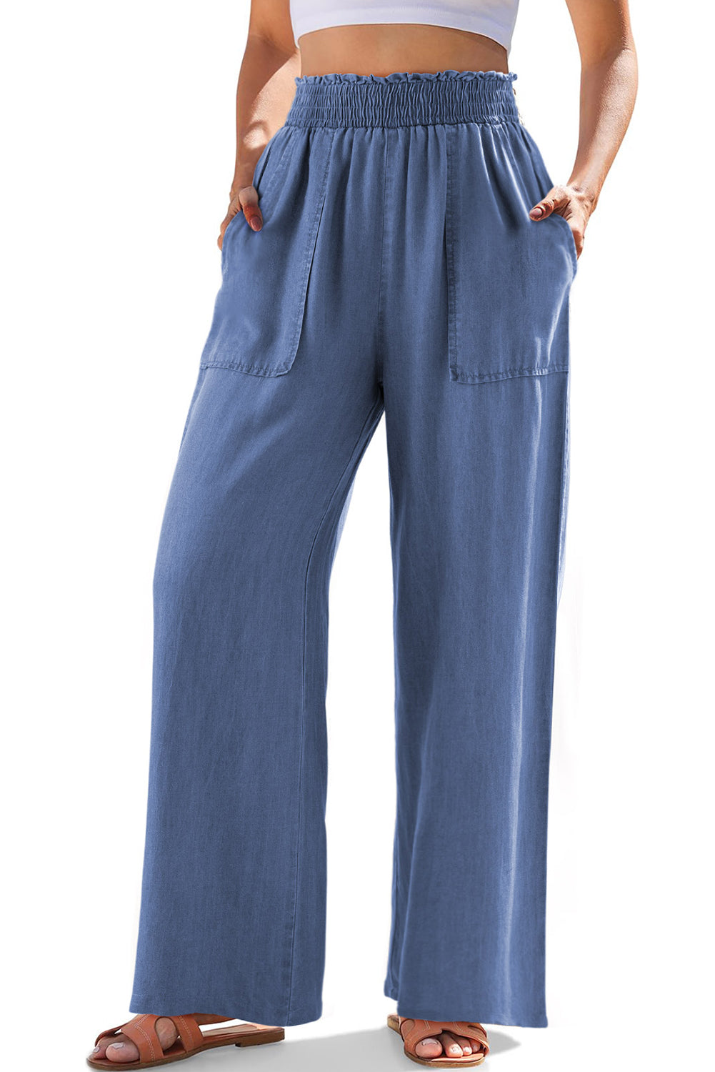 Sky Blue Side Pockets Frilled Smocked High Waist Wide Leg Jeans Bottoms JT's Designer Fashion