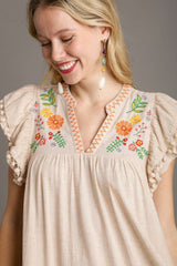 Jet Stream Linen Embroidery Split Neck Pom Pom Ruffle Sleeves Flowy Short Dress Mini Dresses JT's Designer Fashion