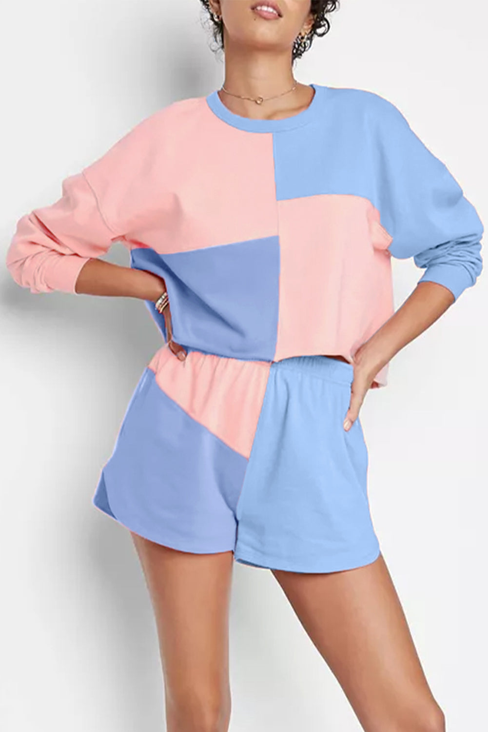 Sky Blue Colorblock Patchwork Long Sleeve Shorts Outfit Short Sets JT's Designer Fashion