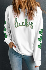 White Sequin lucky Lettering Clover Patched Sleeve Drop Shoulder Sweatshirt Graphic Sweatshirts JT's Designer Fashion