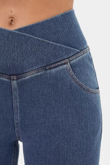 Sail Blue Crossover High Waisted Stretchy Flare Jeans Bottoms JT's Designer Fashion