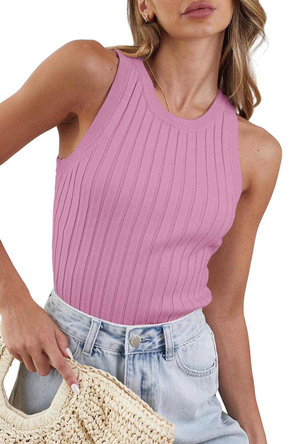 Light Pink Round Neck Ribbed Knit Tank Top Pre Order Sweaters & Cardigans JT's Designer Fashion