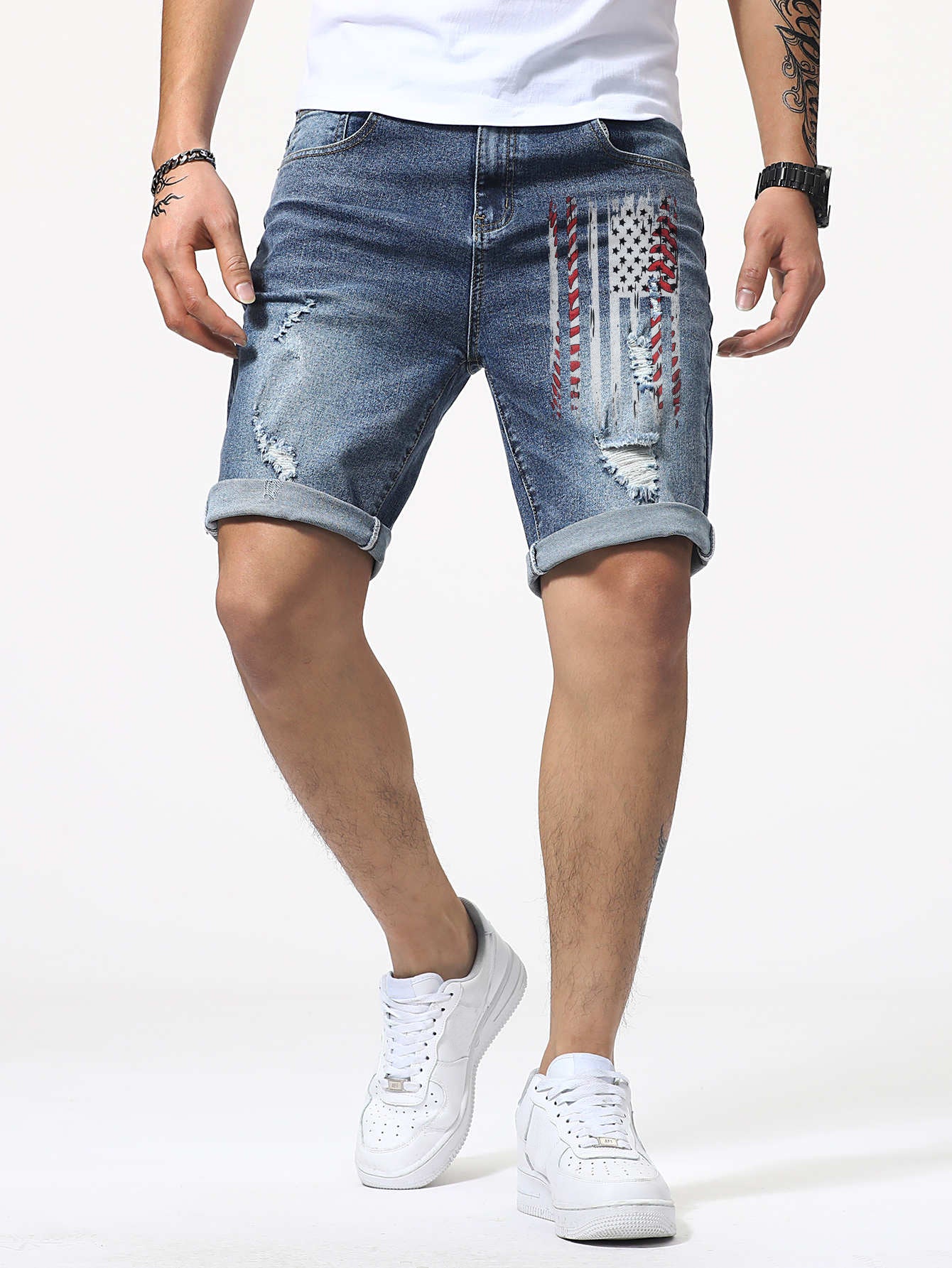 Blue American Flag Graphic Print Distressed Men's Denim Shorts Blue 70%Cotton 29%Polyester 1%Elastane Men's Pants JT's Designer Fashion