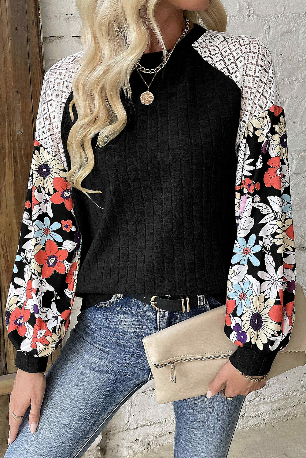 Black Floral Patchwork Long Sleeve Ribbed Blouse Blouses & Shirts JT's Designer Fashion