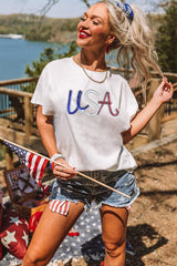 White Sequin USA Graphic Crew Neck Patriotic Tee Graphic Tees JT's Designer Fashion