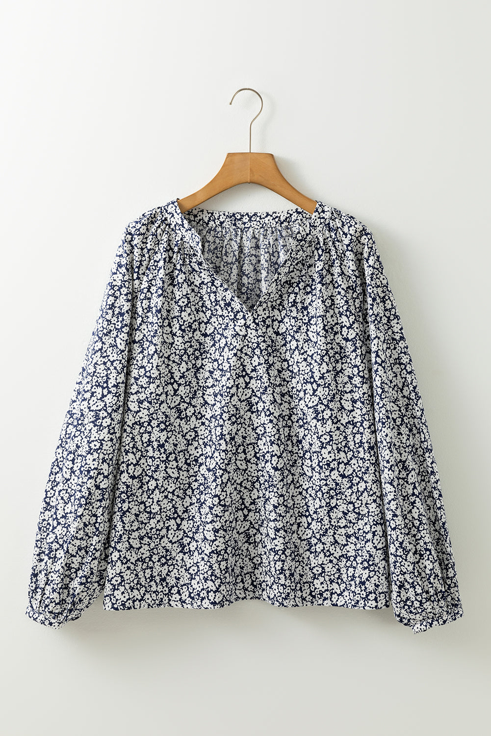 Blue Floral Print Notched V Neck Puff Sleeve Blouse Blouses & Shirts JT's Designer Fashion