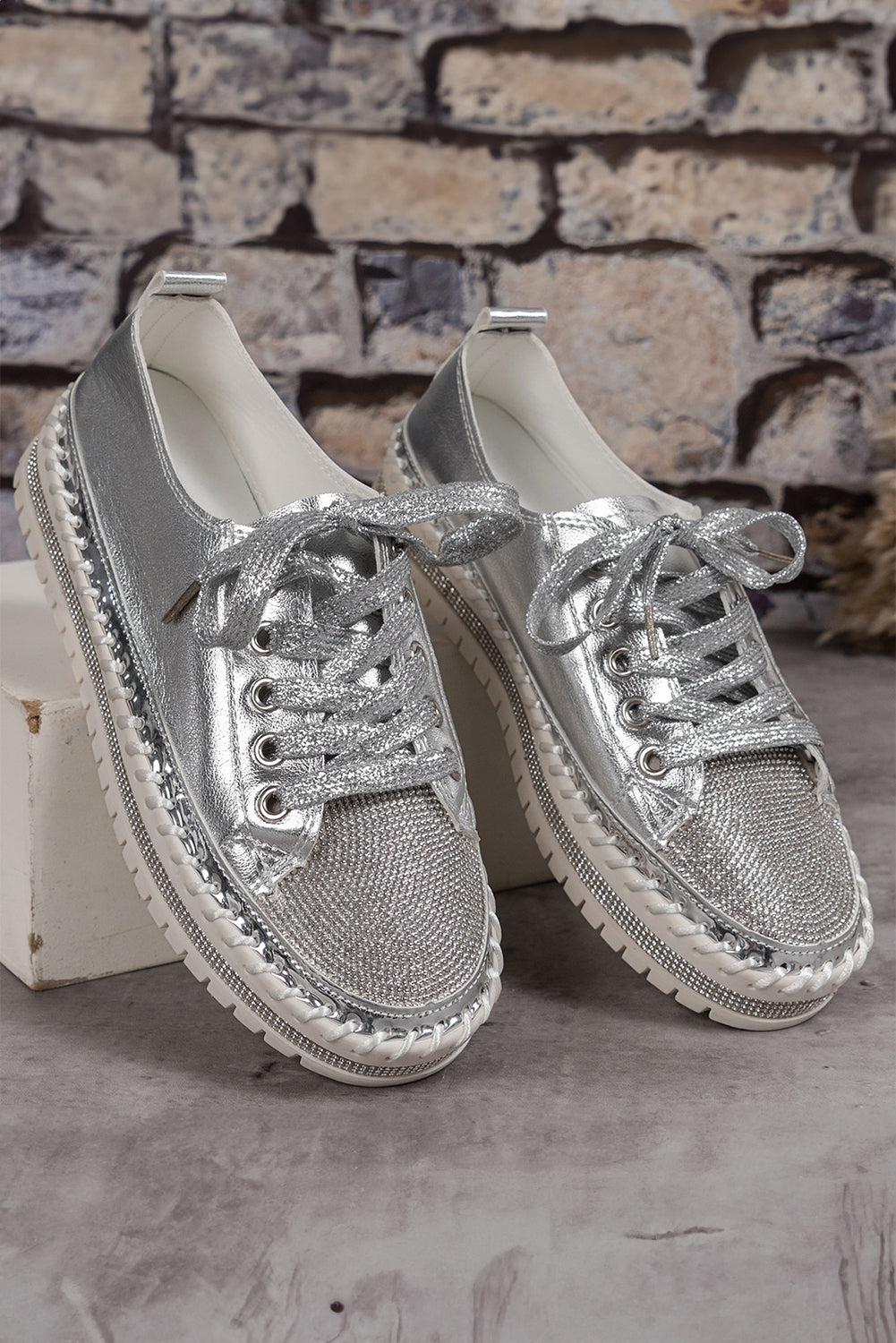 Silvery Rhinestone Metallic Sheen Lace-up Flat Shoes Women's Shoes JT's Designer Fashion