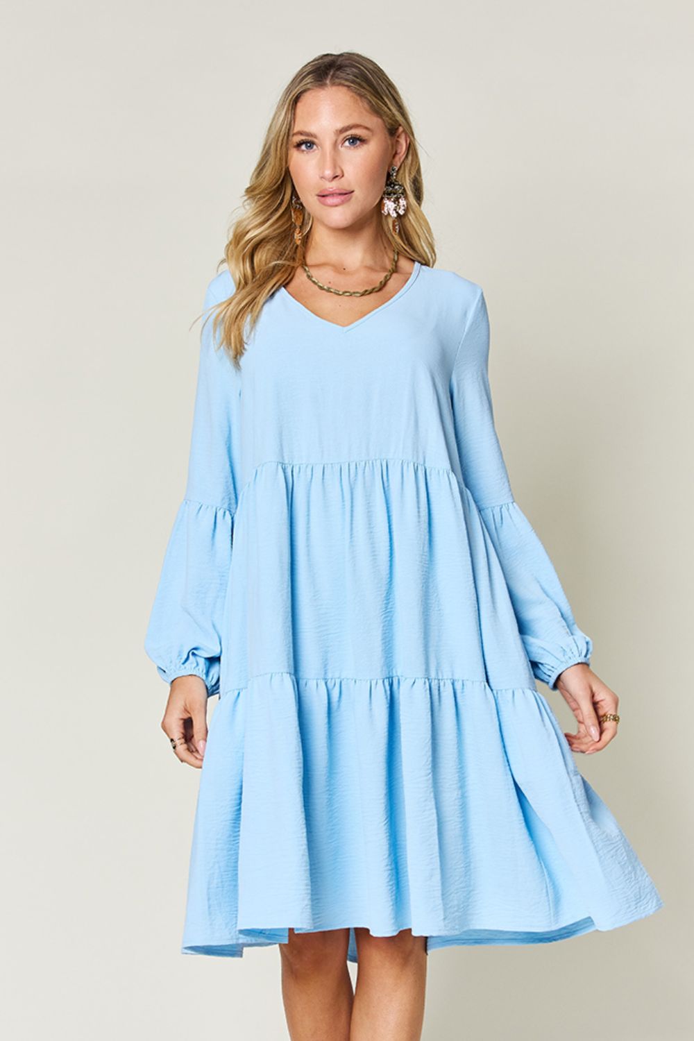 Double Take Full Size V-Neck Balloon Sleeve Tiered Dress with Pockets Light Blue Mini Dresses JT's Designer Fashion