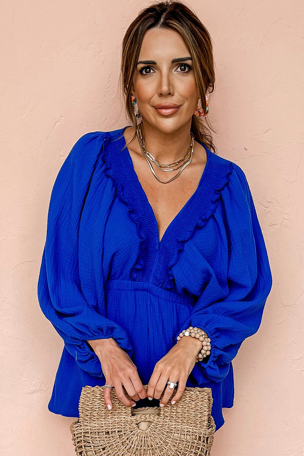 Dark Blue V Neck Ruffle Bubble Sleeve Romper Bottoms JT's Designer Fashion