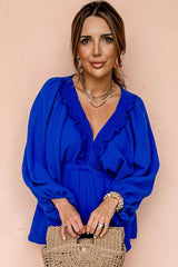 Dark Blue V Neck Ruffle Bubble Sleeve Romper Bottoms JT's Designer Fashion
