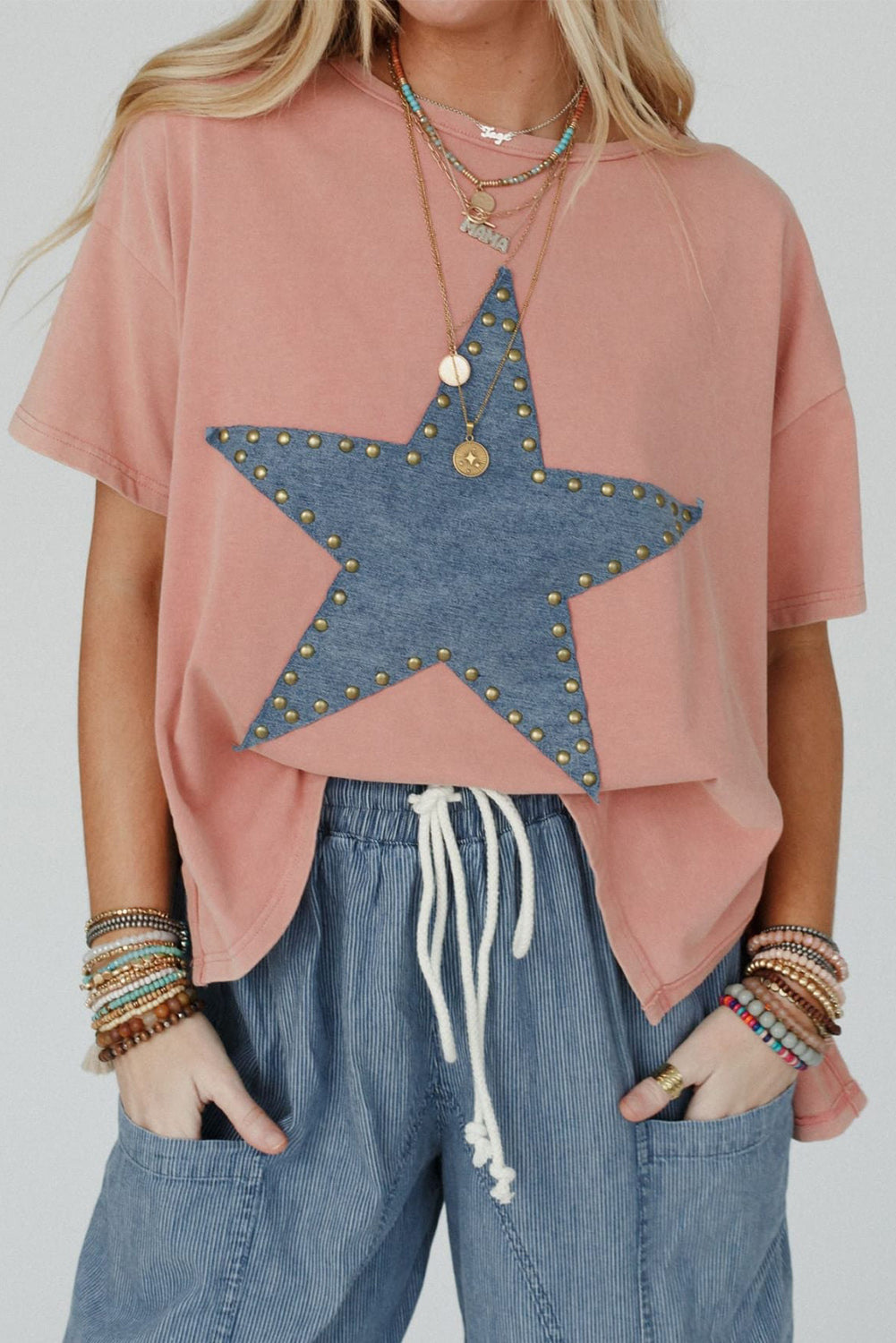 Apricot Pink Studded Star Patch Graphic High Low Tee Tops & Tees JT's Designer Fashion