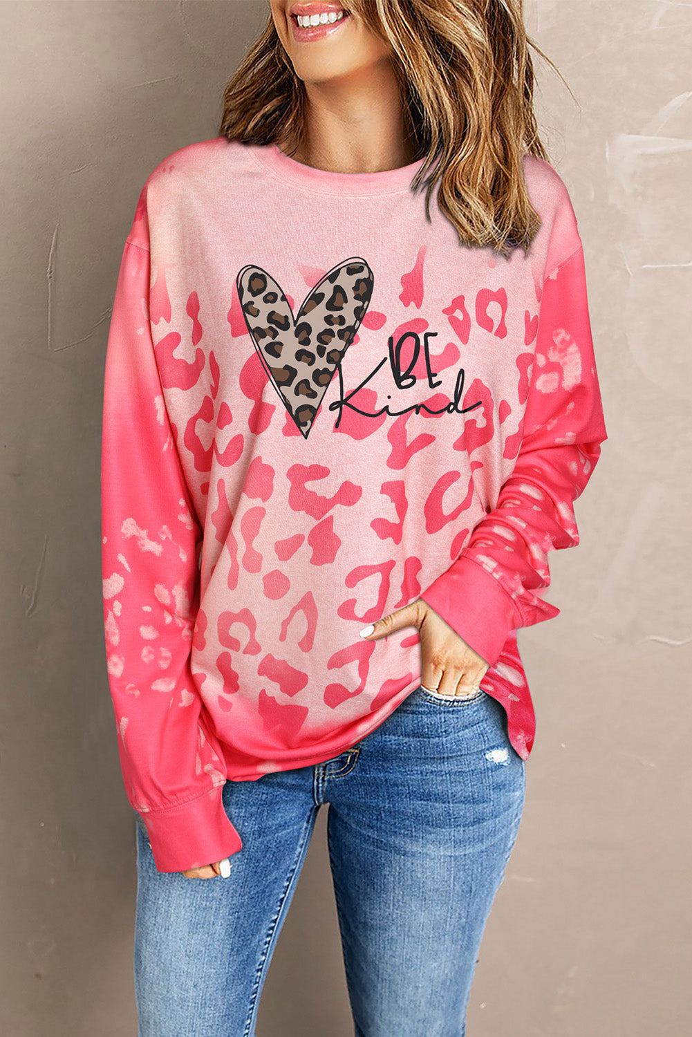 Pink Be Kind Leopard Heart Print Long Sleeve Sweatshirt Graphic Sweatshirts JT's Designer Fashion