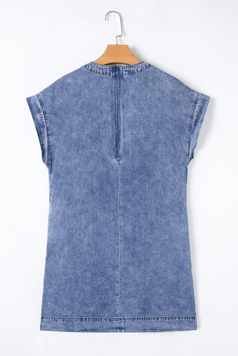 Beau Blue Tie V Neck Tucking Detail Short Sleeve Denim Shift Dress Mini Dresses JT's Designer Fashion