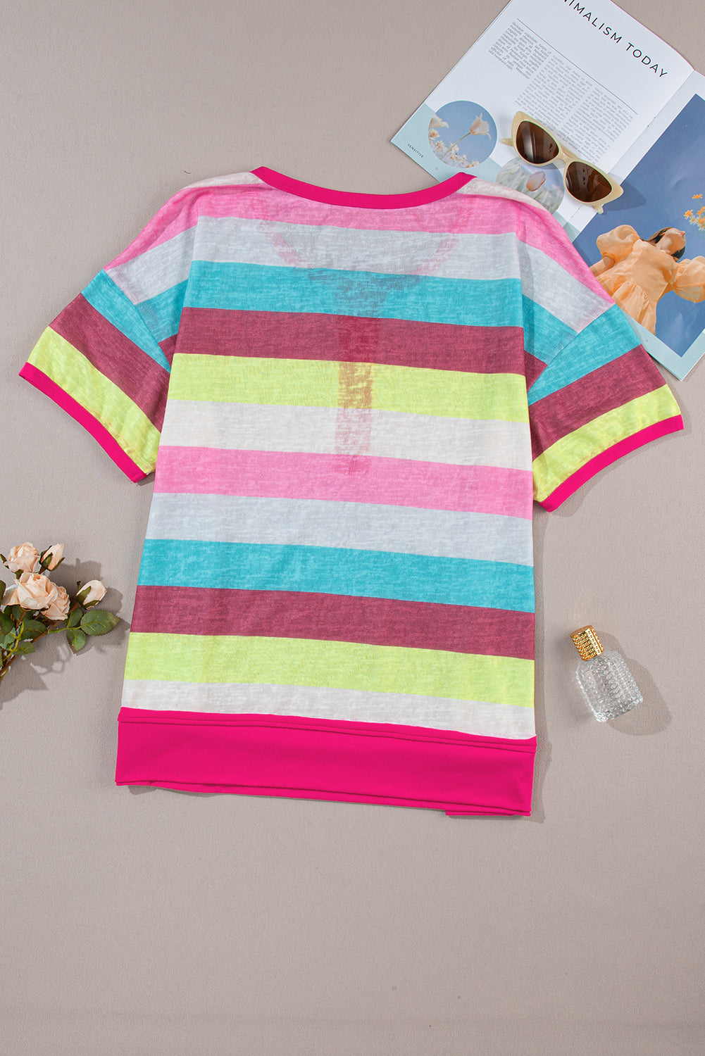 Rose Stripe Plus Size Textured Knit Short Sleeve Henley Top Plus Size JT's Designer Fashion