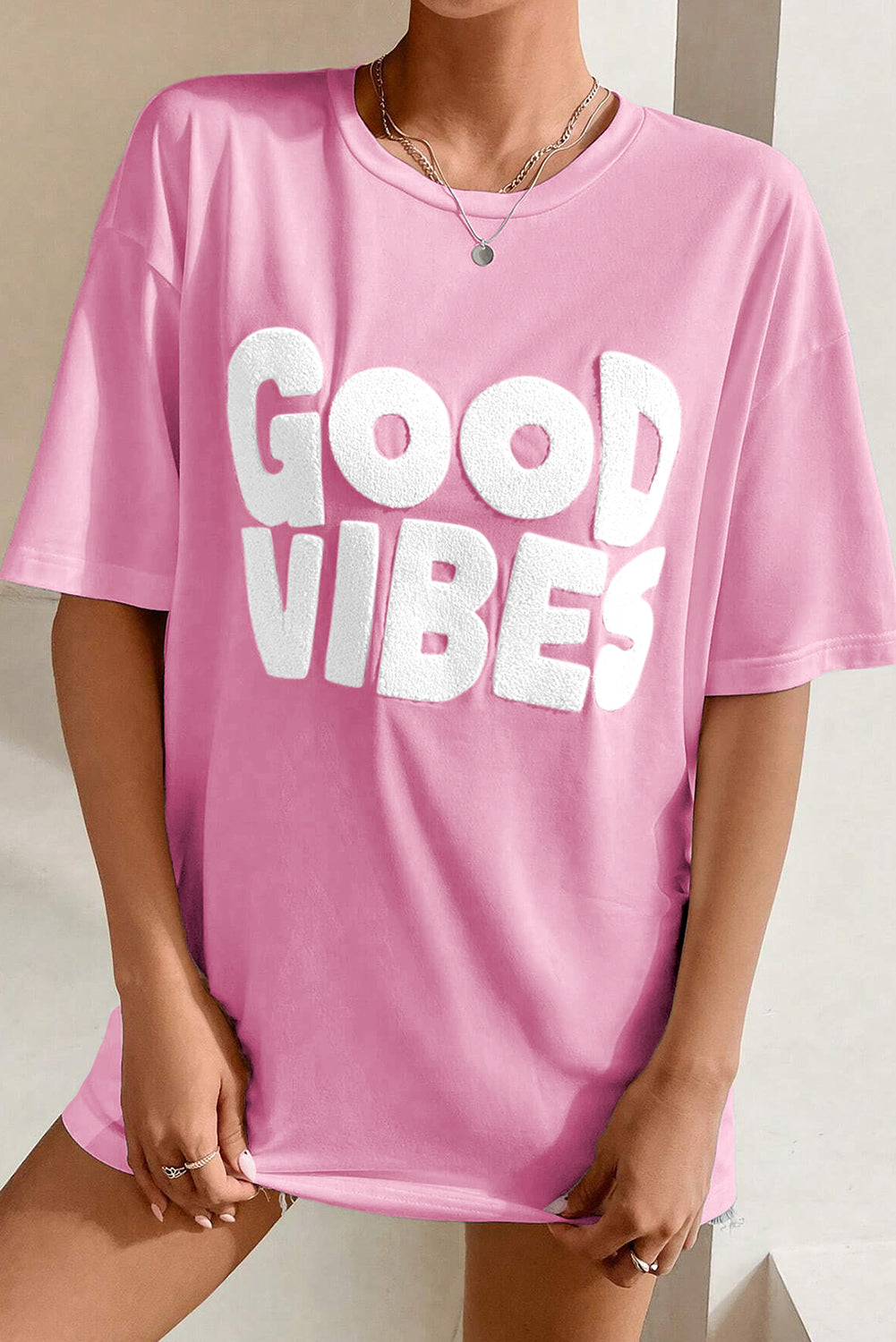 Pink GOOD VIBES Chenille Embroidered Crewneck T Shirt Tops & Tees JT's Designer Fashion