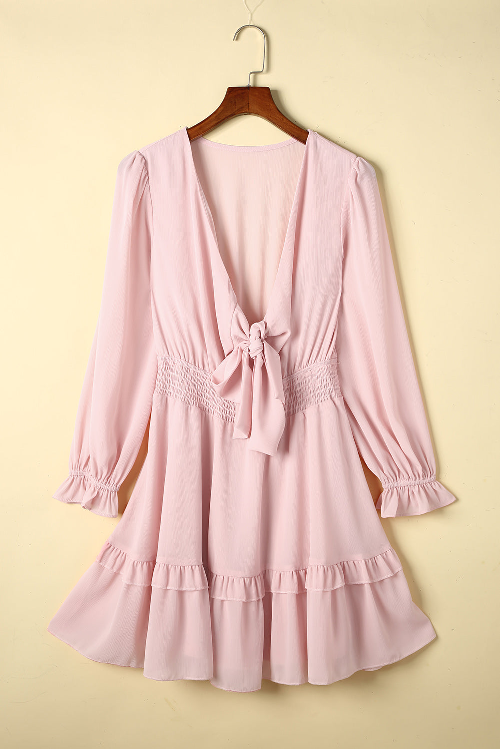 Pink Deep V Neck Lantern Sleeve Knotted Tiered Mini Dress Mini Dresses JT's Designer Fashion