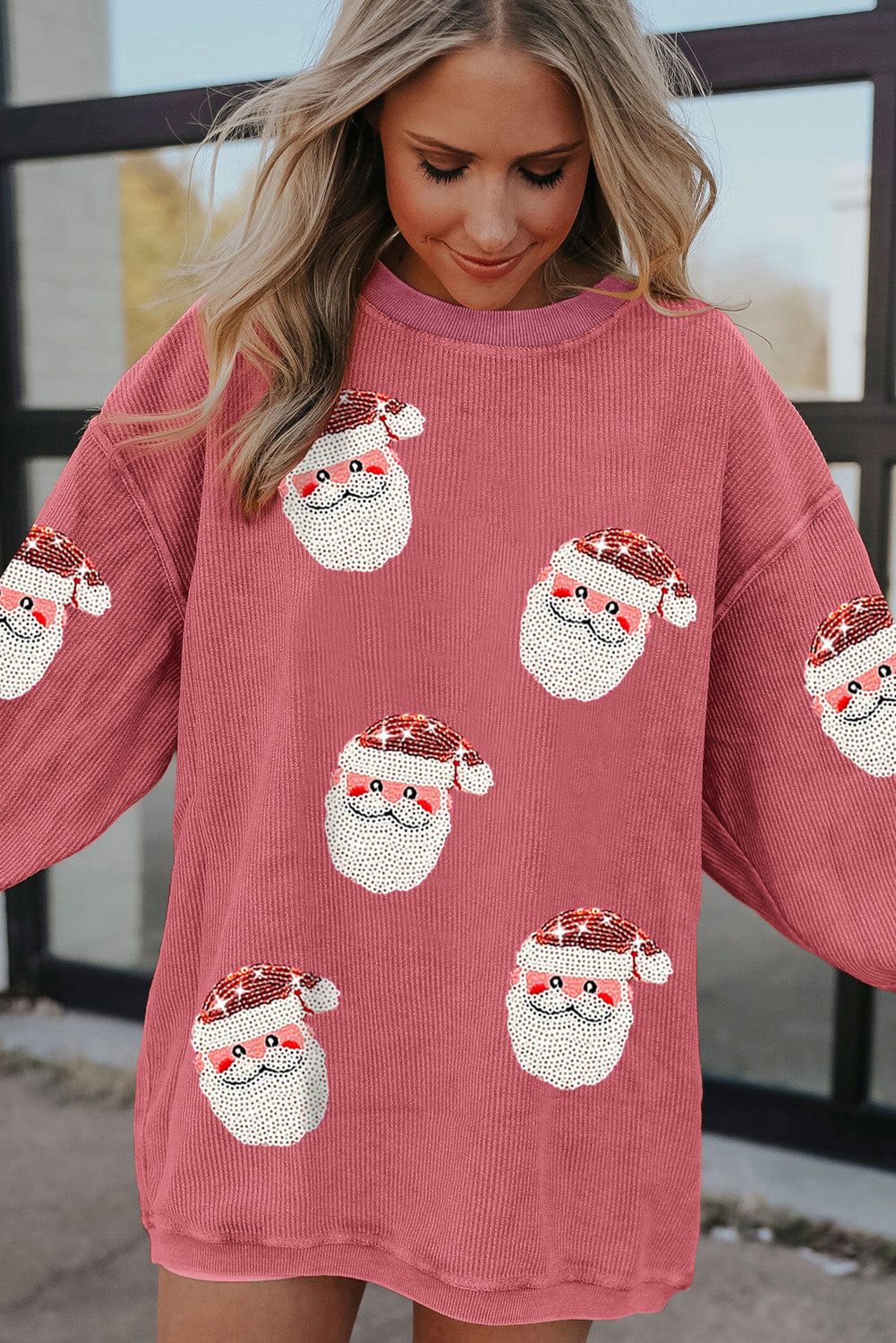 Strawberry Pink Sequined Santa Claus Graphic Corded Sweatshirt Graphic Sweatshirts JT's Designer Fashion