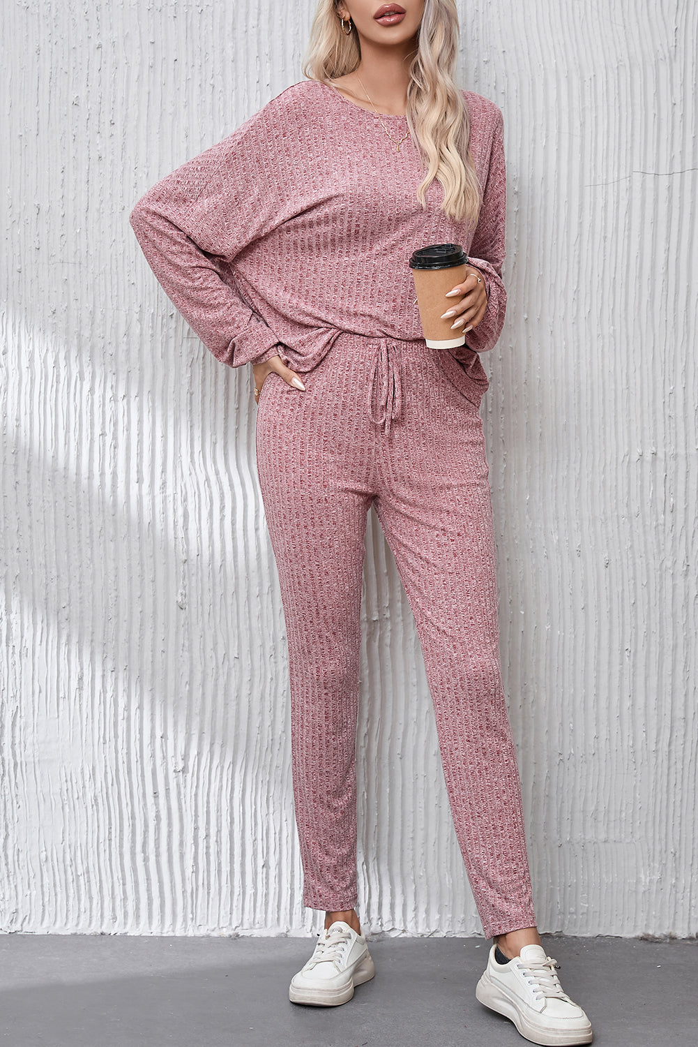 Peach Blossom Ribbed Drop Shoulder Top and Knot Waist Leggings Set Pant Sets JT's Designer Fashion